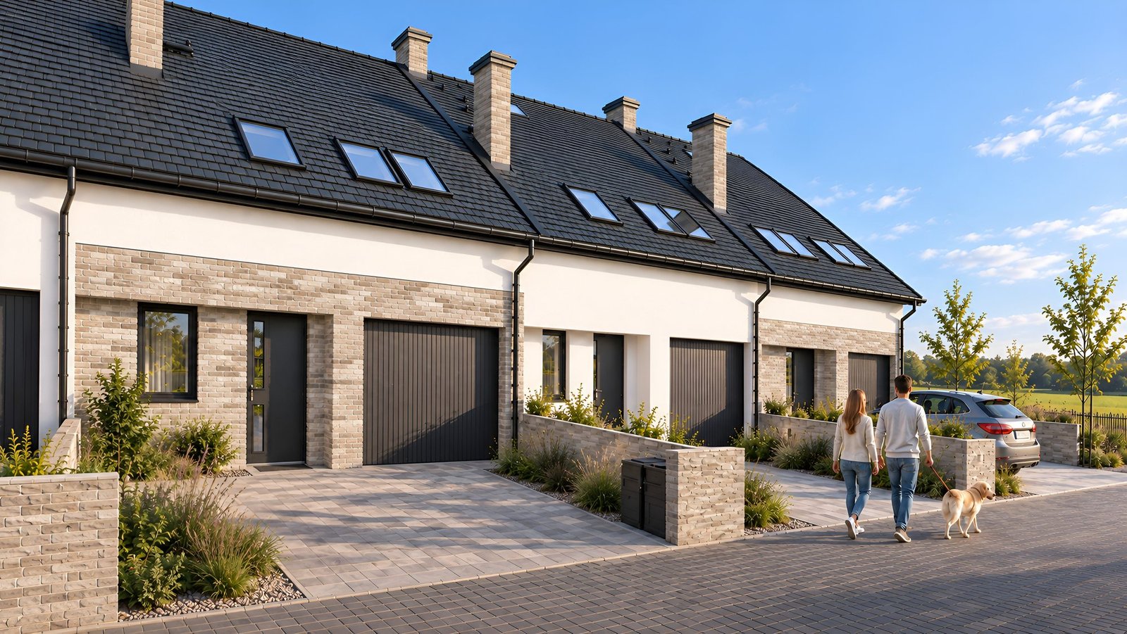 Szereg domów od strony ulicy – trzy segmenty pierwszego etapu sprzedaży